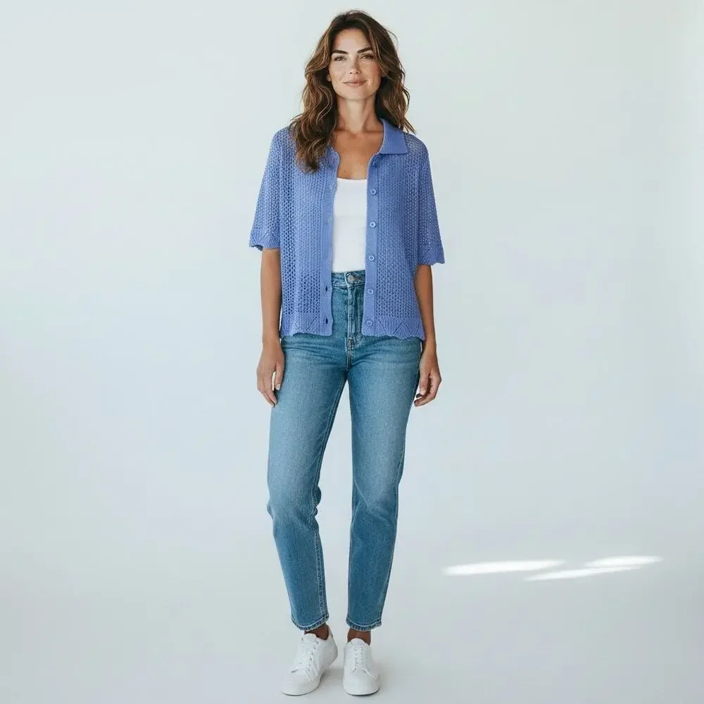 No Comment Crochet Top Blue Spread Collar Womens Med Button Up Knit Cardigan New